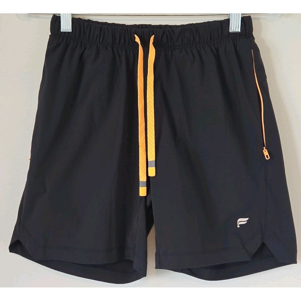 Fabletics Men's Athletic Shorts Black Orange Blue 7in Lined Towel Loop *Flaw